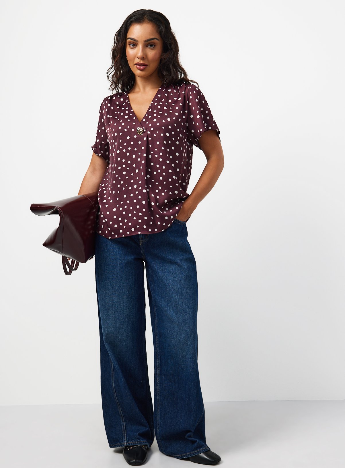 Dark Red Pleated Button Front Top 22 - Image 2 thumbnail
